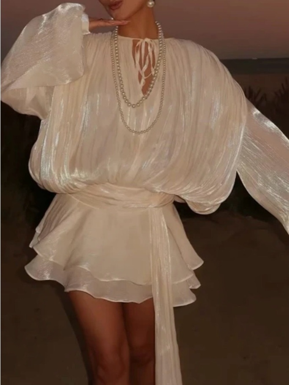 Elegant Women's Shimmery Cream Draped Evening Dress